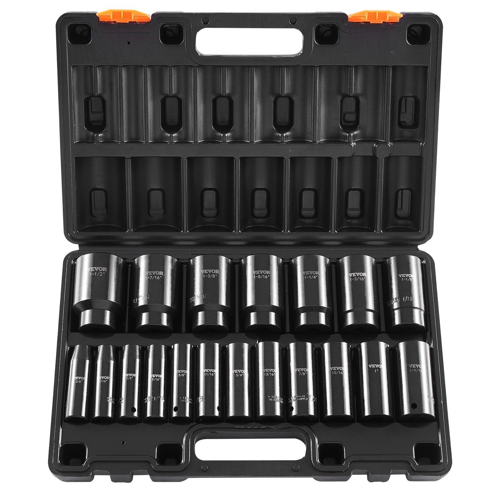VEVOR Impact Socket Set, 1/2" 19 Piece Impact Sockets, Deep Socket, 6-Point Sockets, 1/2 Inches Drive Socket Set Impact 3/8 inch - 1-1/2 inch