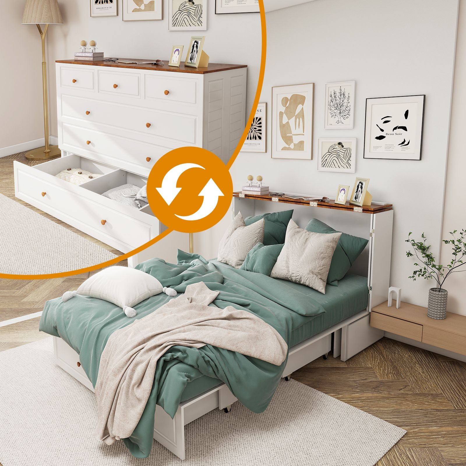 Queen Size Murphy Bed Frame with Drawers Murphy Chest Bed with Charging Station (Color: MFC-1)